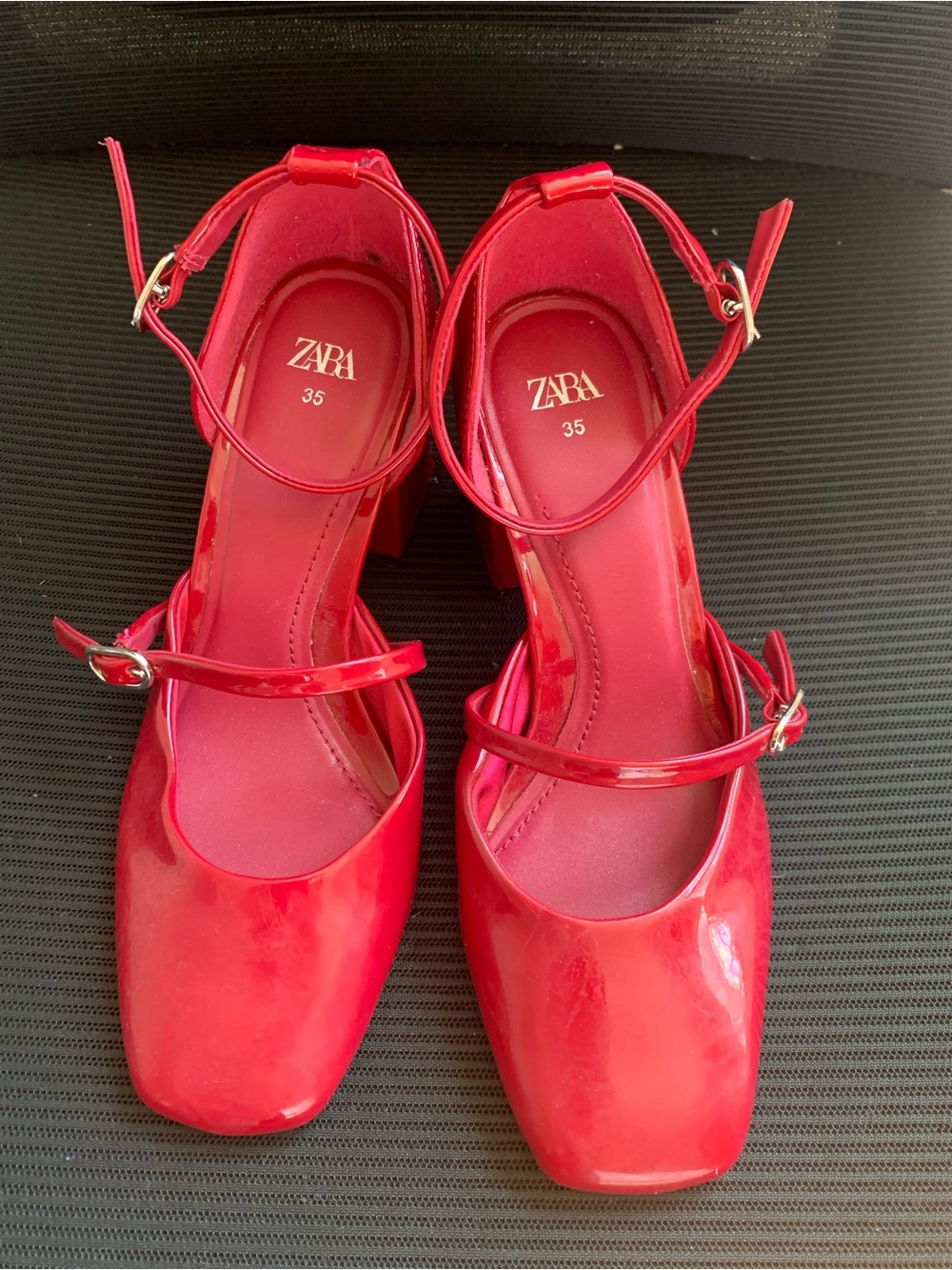 ZARA Red Patent Mary Jane Block Heels with Ankle Straps